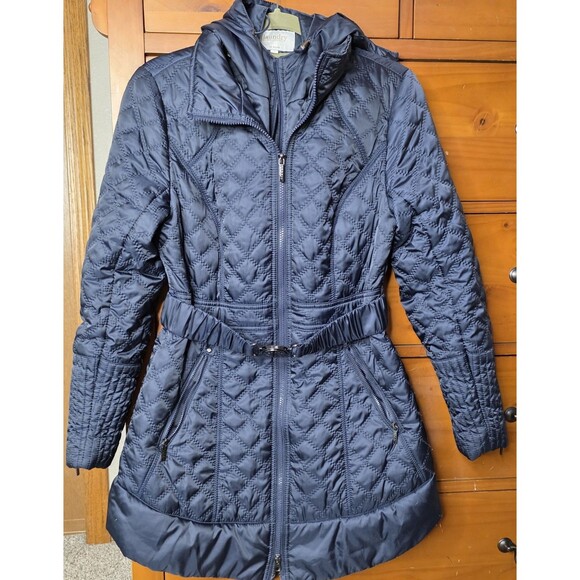 Laundry By Shelli Segal Quilted Jacket Coat Size Medium Navy Belted Hood Zip - Picture 1 of 16